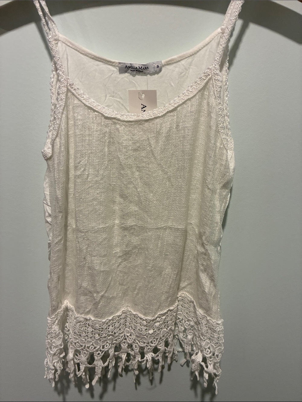 ANGELA MARA White Sequin Crochet Hem Tank Top Camisole  Size Small NWT